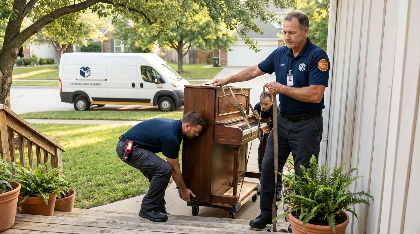 Licensed piano movers securing grand piano in Orion, IL