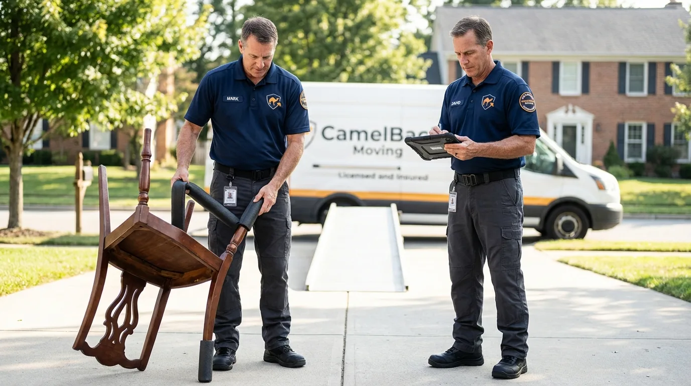 Movers inspecting furniture for damage prevention before loading in Orion, IL