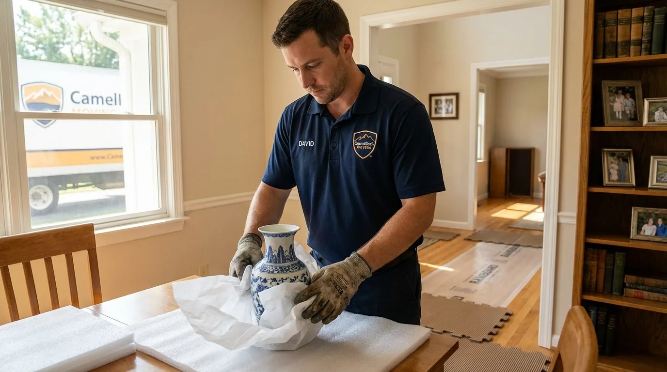 Professional crew carefully wrapping antique vase for senior downsizing move in Orion, IL